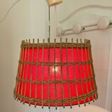 Vintage rattan pendant light - red fabric interior shade from the 60s