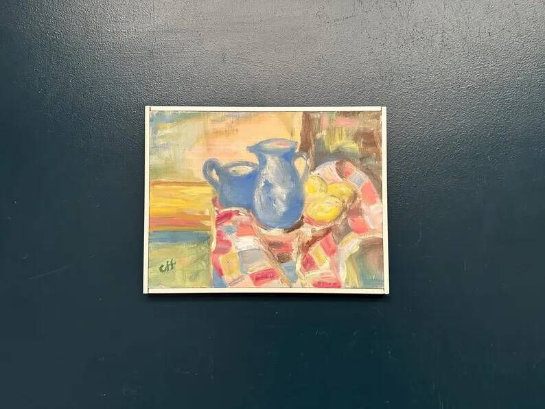Original Swedish Oil on Panel – “Blue Pitchers and Lemon” by Off – Signed – Vintage and Framed – 37 × 29 cm (14.6 in × 11.4 in)