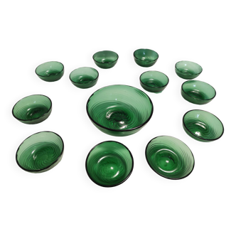 Ensemble vintage de dix bols à dessert en verre soufflé Empoli vert par Vetreria Etrusca