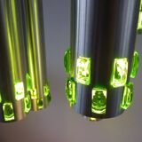 Suspension cascade of aluminum tubes with green glass