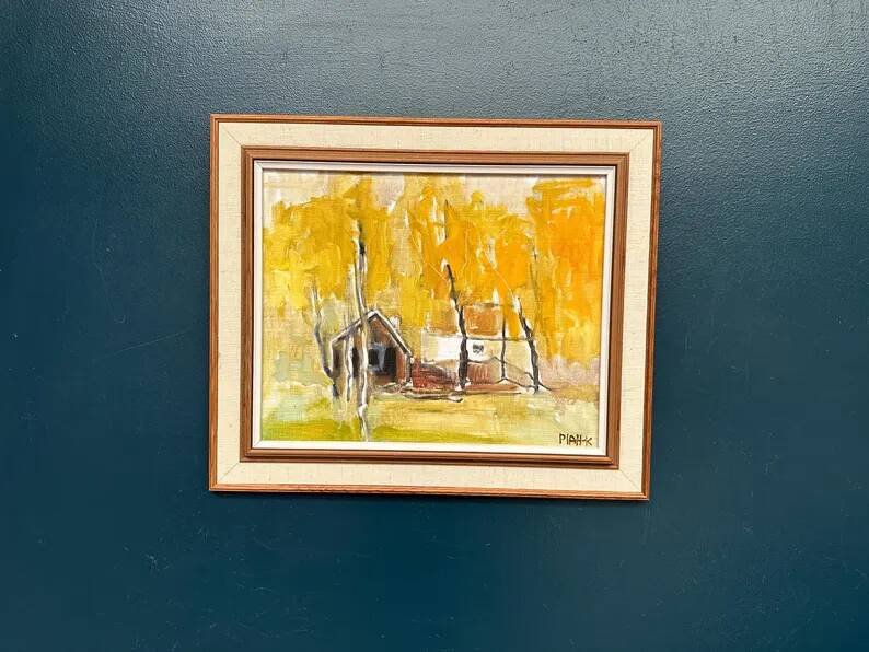 Original Swedish Oil on Canvas – "Houses and Trees in Autumn" by Pia H. Campbell