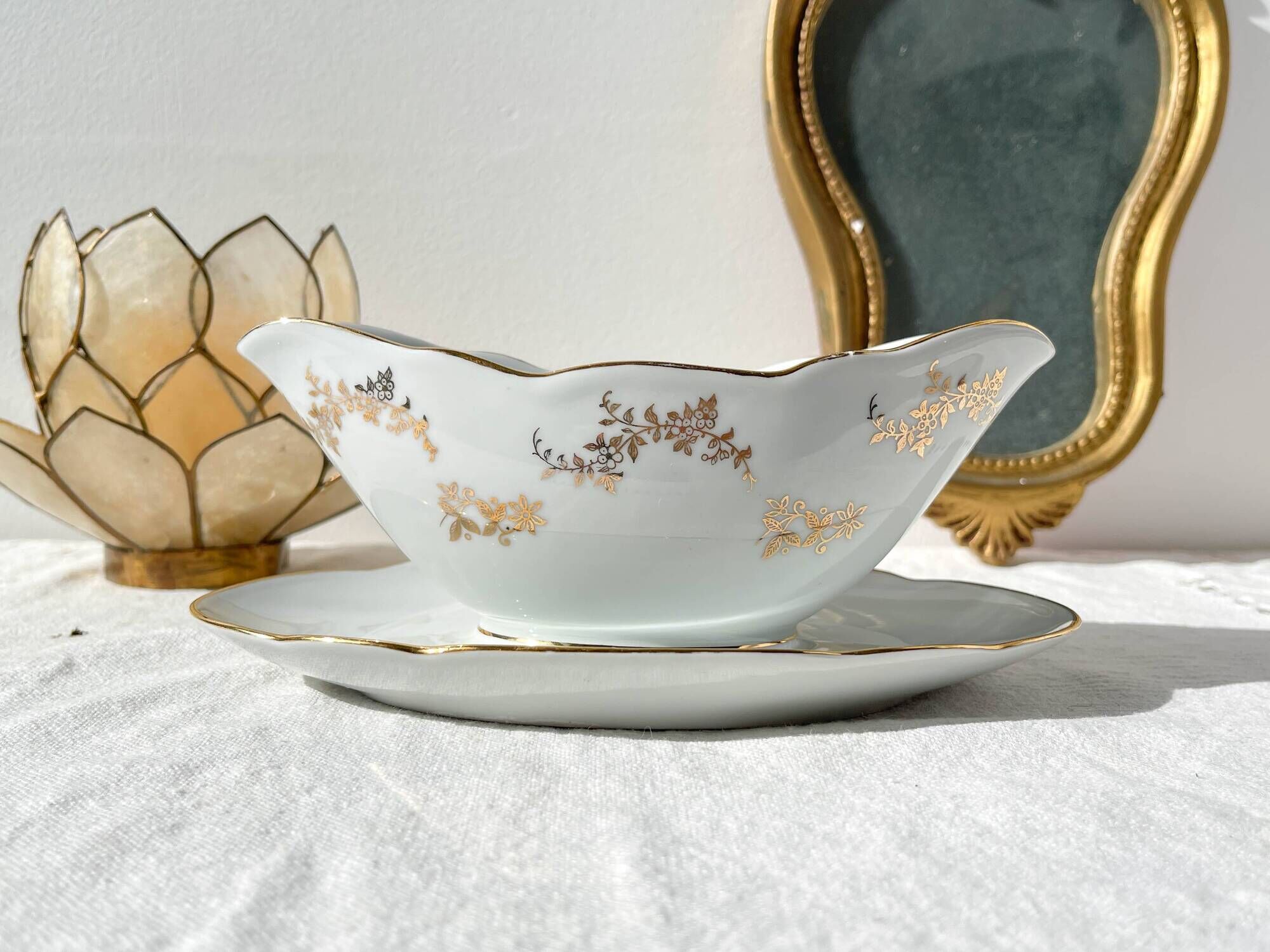 J&Ciem France 1950 white gilded porcelain sauce boat with floral pattern