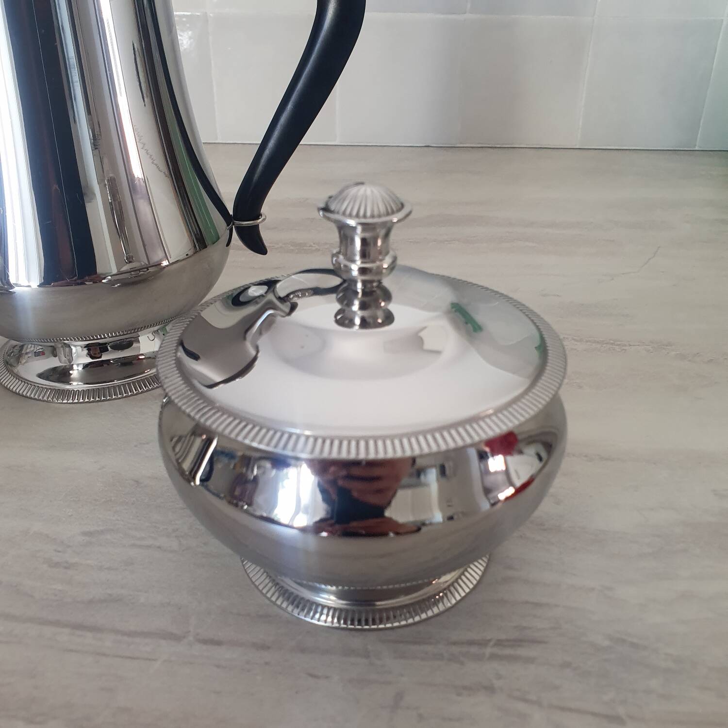 Rémy Letang / Teapot, milk jug and sugar bowl in 18/10 stainless steel and Bakelite