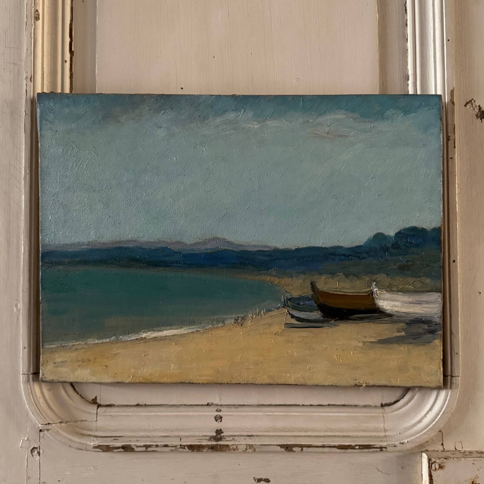 Oil on canvas 20th century beach and fishing boats by G. Carlos
