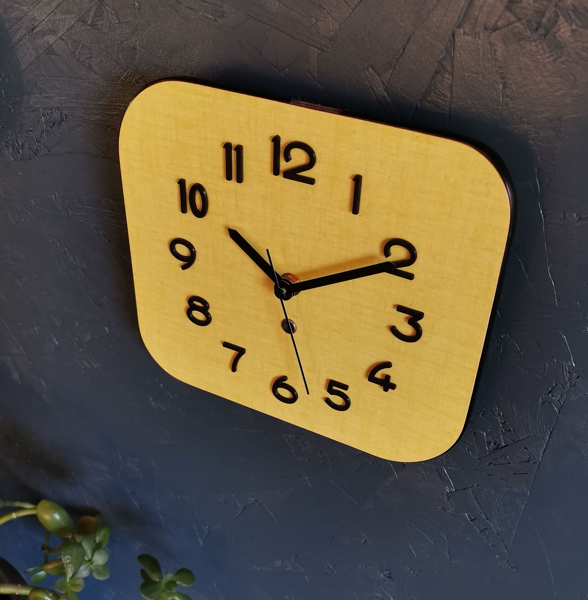 Vintage clock formica rectangular silent wall clock "Sun yellow"