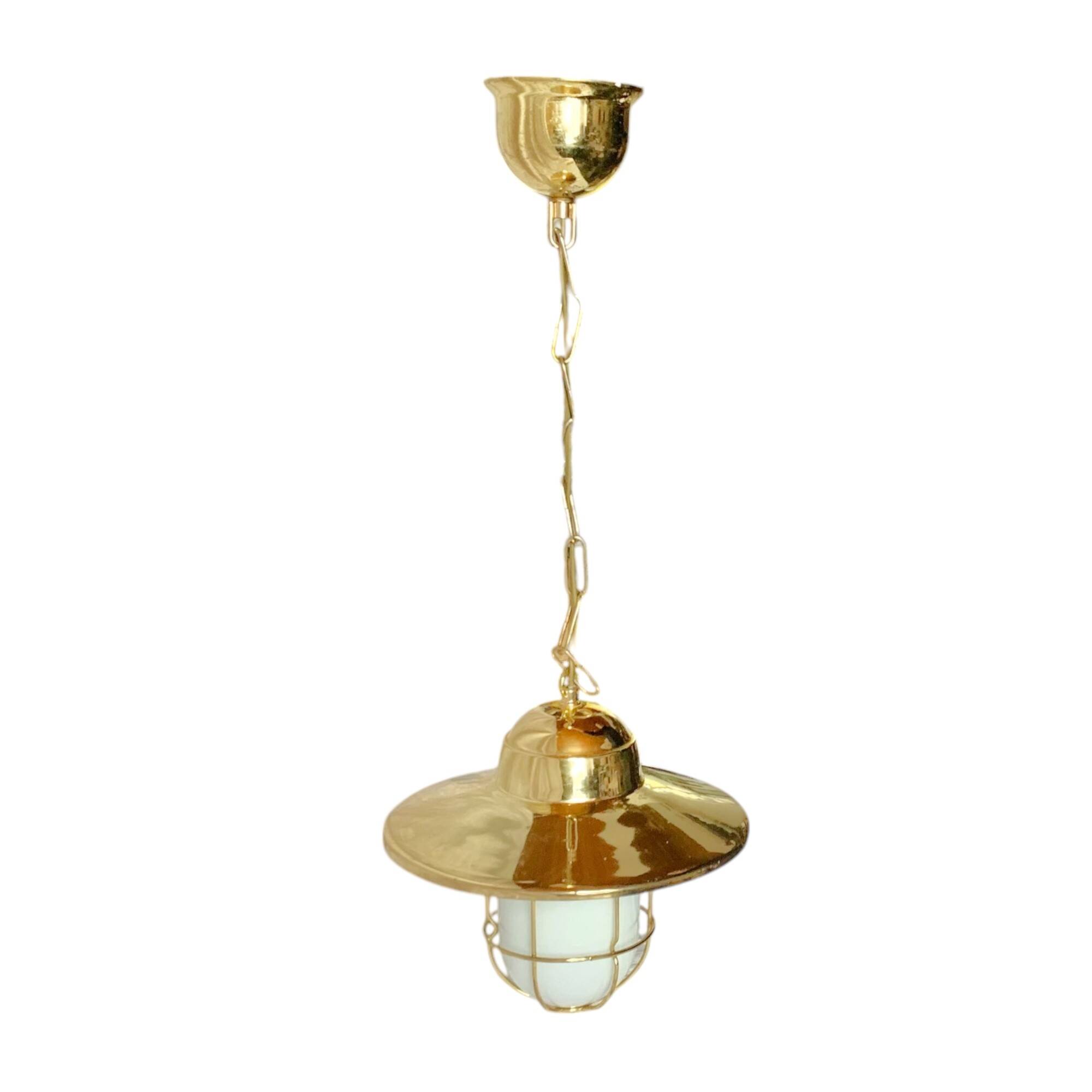 Vintage pendant light in gold metal and white opaline