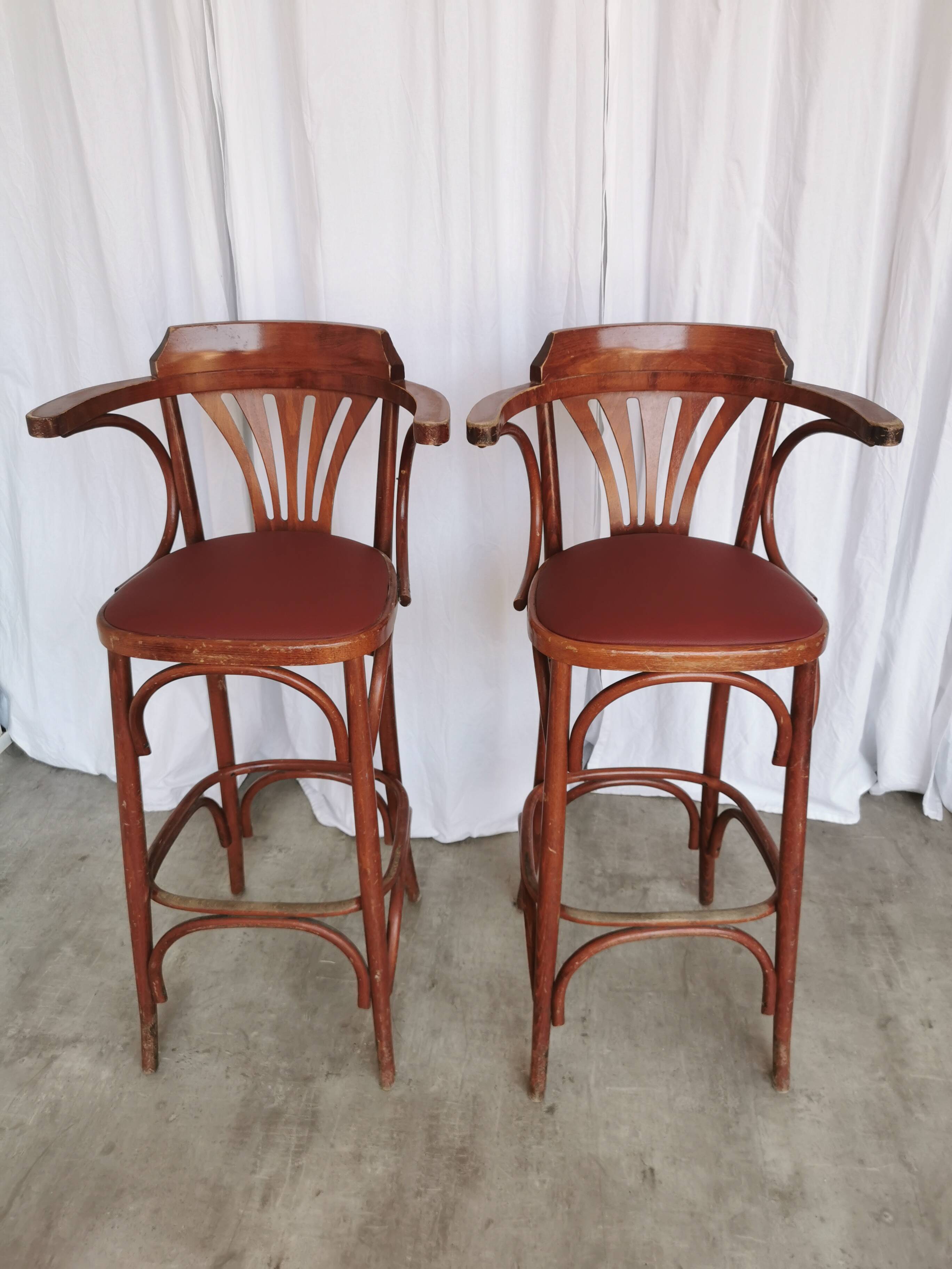 Set of 2 Vintage Bar Chairs: Red Leather Seat, High Pub Stools