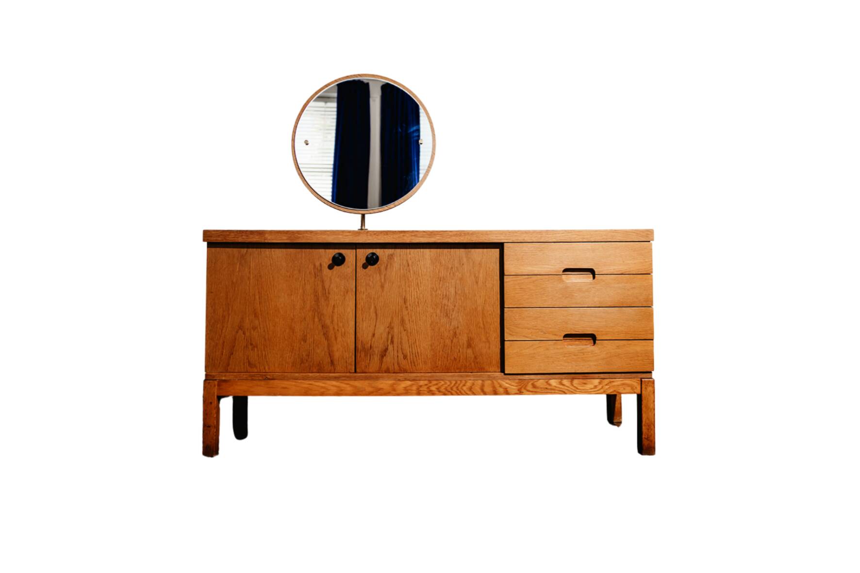 Vintage oak cabinet with circular mirror, 1960s modernist design.