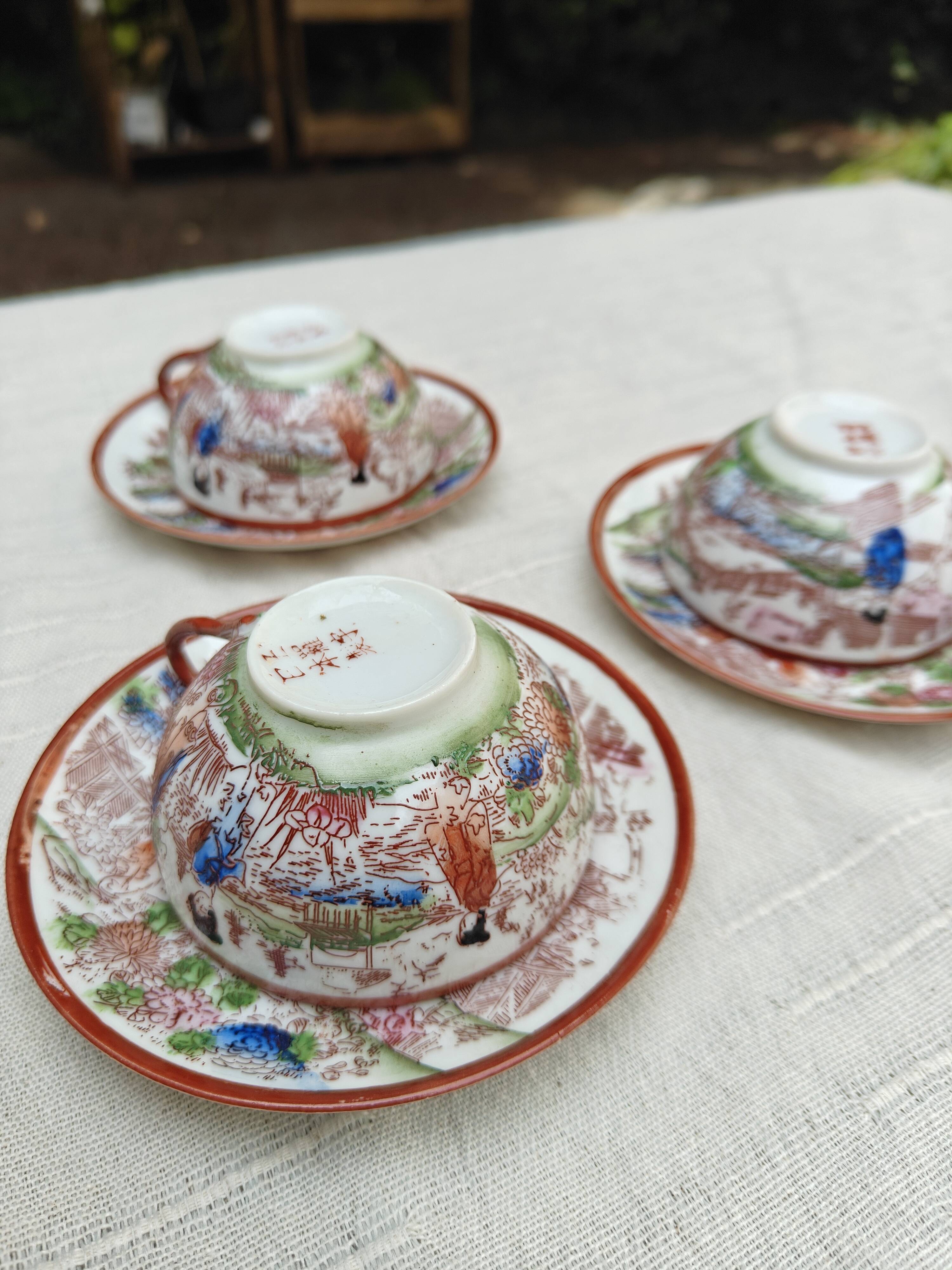 Vintage Japanese tea/coffee service, egg shell porcelain & enamels for 5 people.