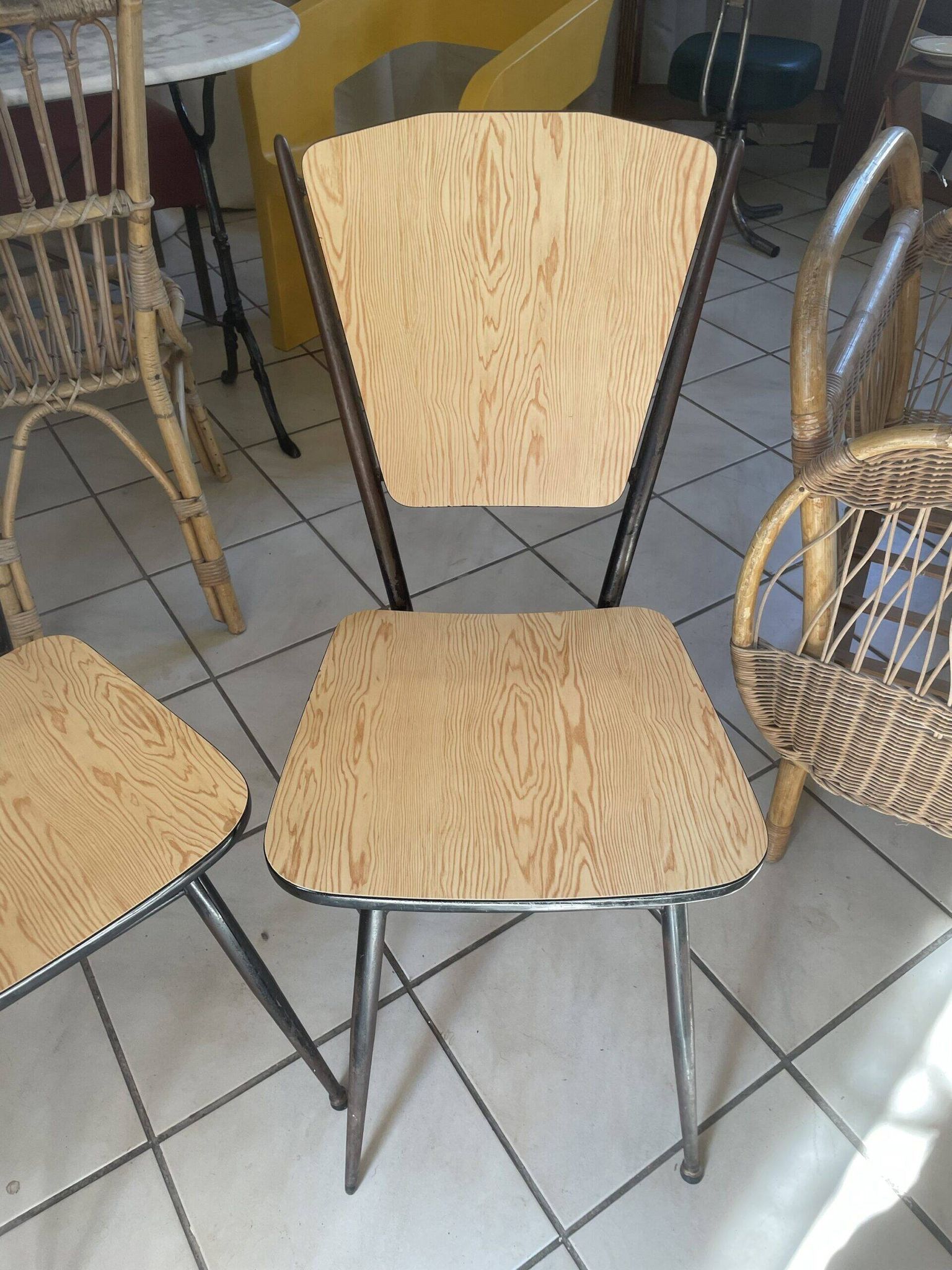 Pair of Formica chairs with a wood effect