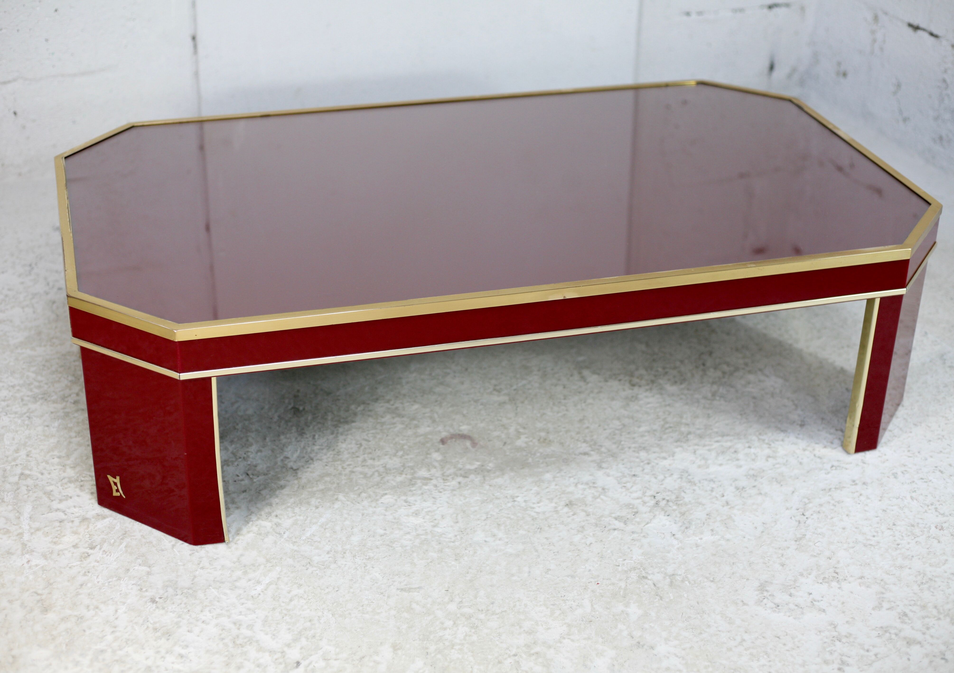 Coffee table Eric Maville glass brass plexiglass wood France, 70s. Small scratches. small