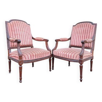 Pair of Louis XVI Style Mahogany Flat Back Armchairs, 19th Century