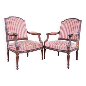 Pair of Louis XVI Style Mahogany Flat Back Armchairs, 19th Century