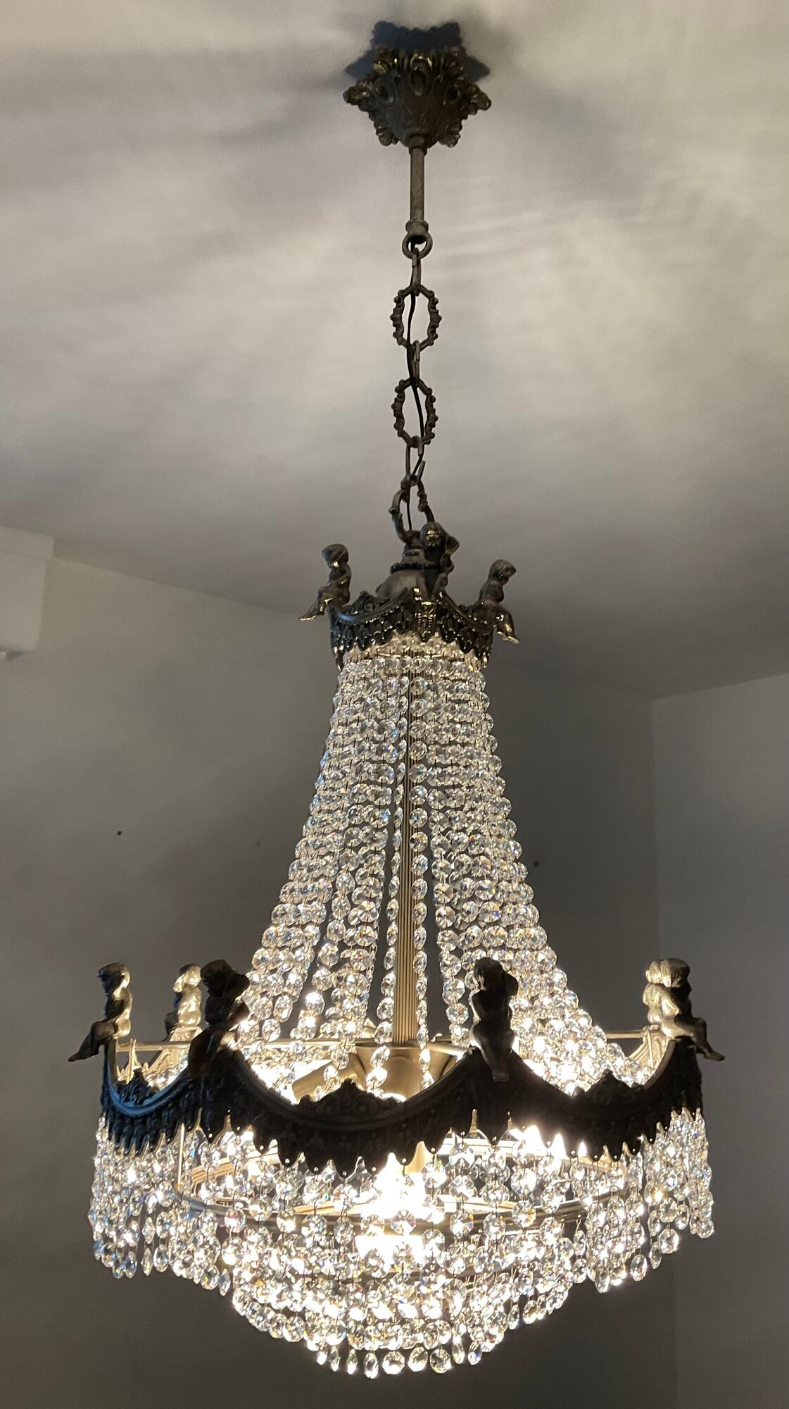 Old hot air balloon chandelier with crystal and bronze tassels