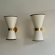 Pair of vintage wall lamps, solid brass and unbleached fabric, Italy 1980