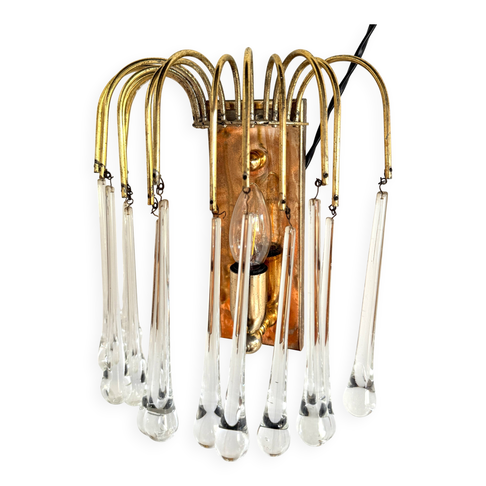 Teardrop wall lamp with 13 clear Murano glass drops