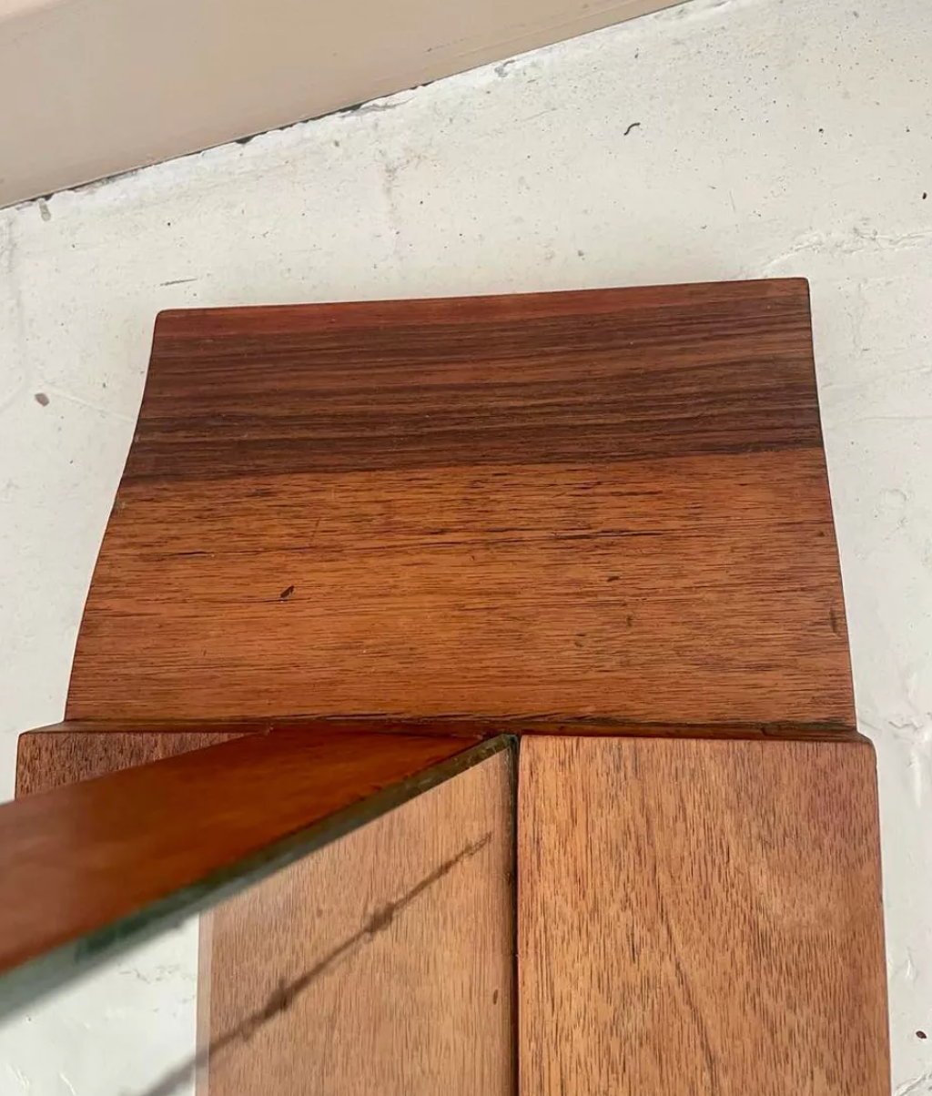 Vintage psyche art-deco mirror, oak and brass, France 1930