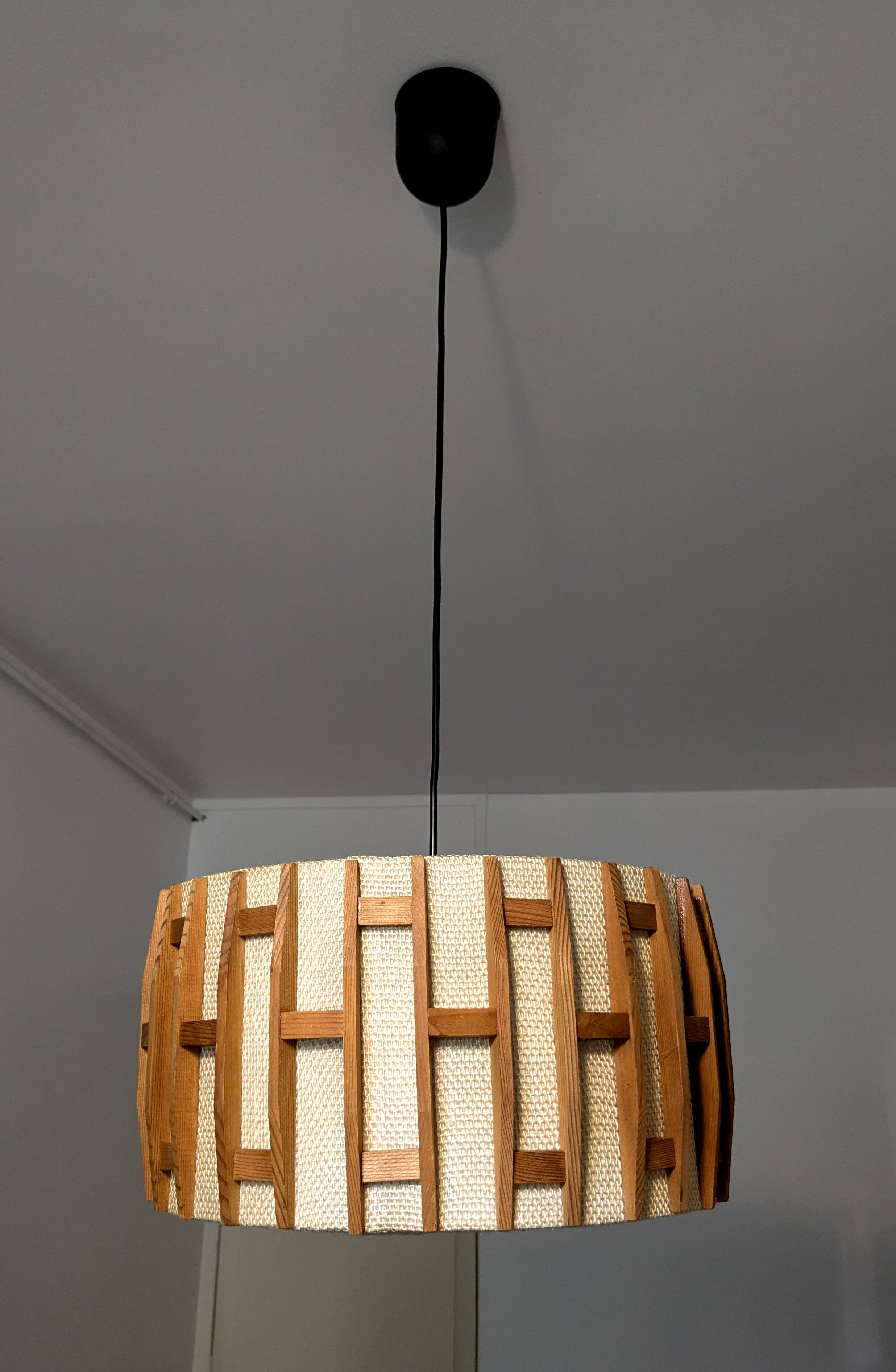 Pair of Scandinavian wooden and fabric pendant lights from the 60s