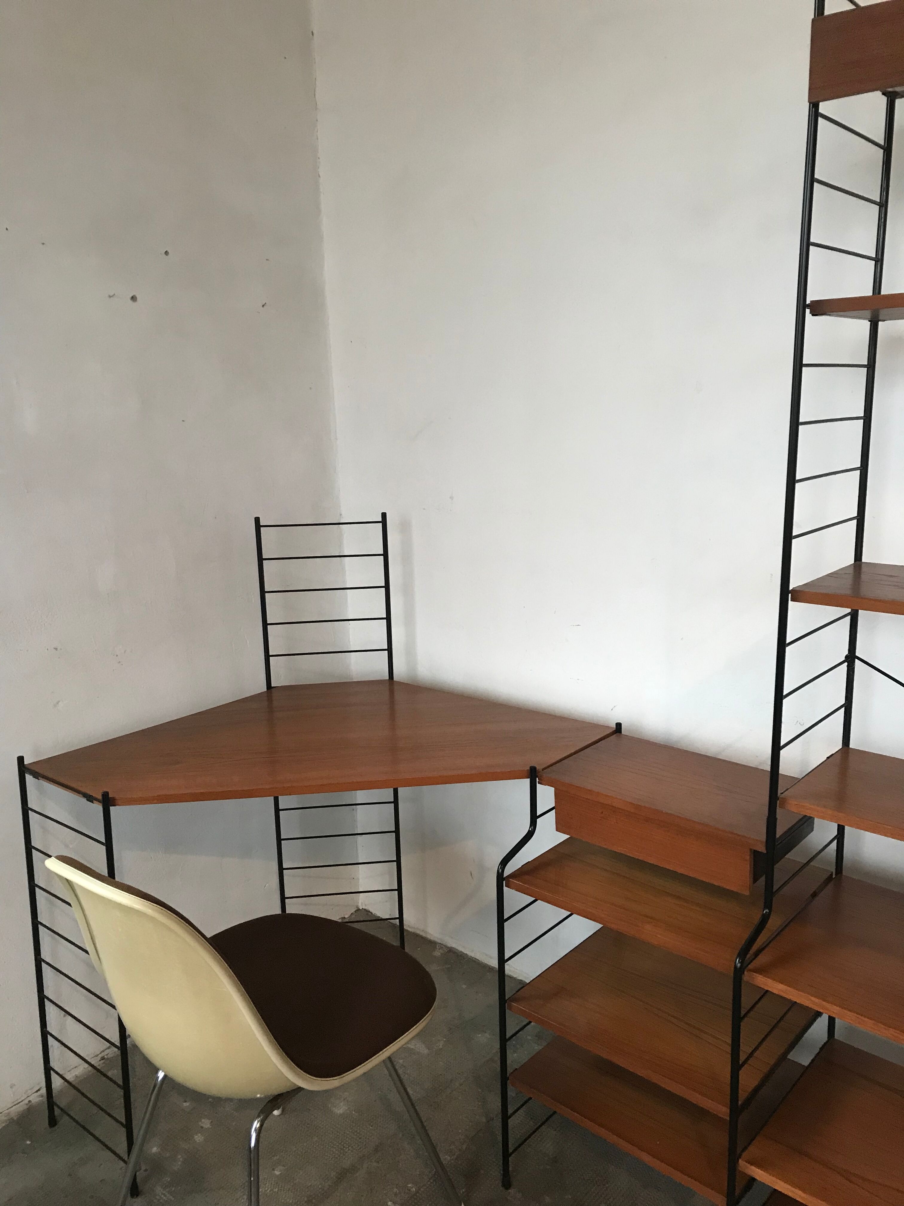 Modular vintage string wall shelf system with 1960-1980's desk