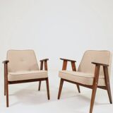 Vintage pair armchair, oak wood, wool upholstery, fully refurbished