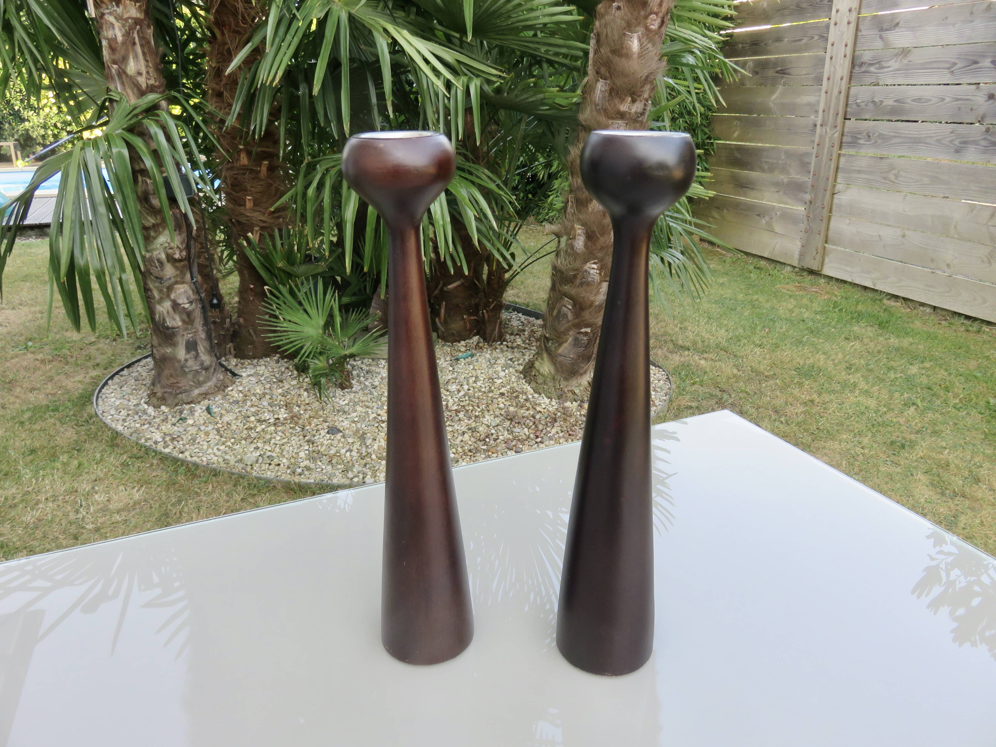 Pair of large Scandinavian teak candlesticks, vintage 1960.