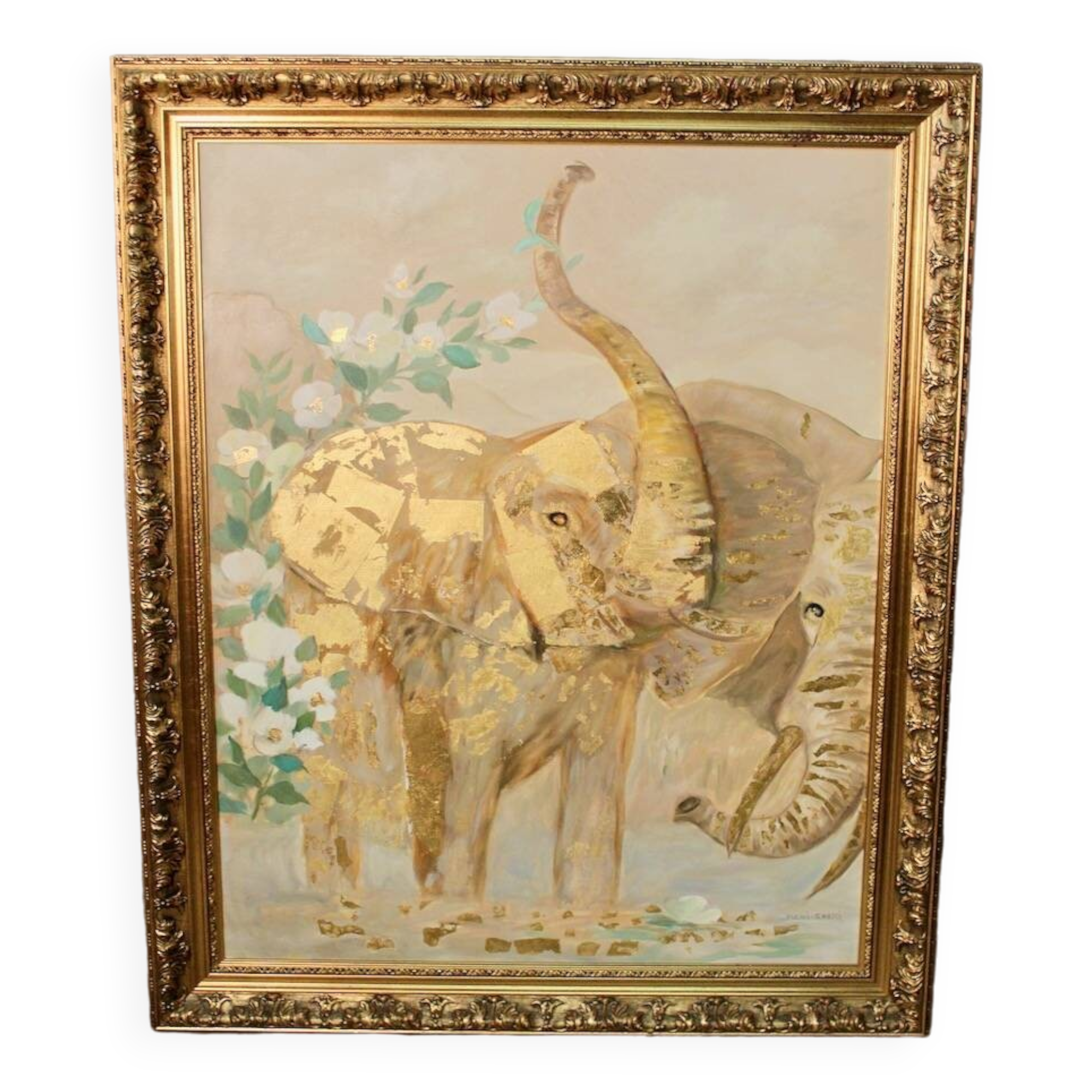 Painting Oil on canvas and gold leaf "Two elephants"