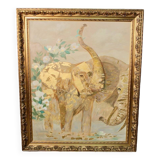 Painting Oil on canvas and gold leaf "Two elephants"