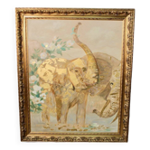 Peinture Huile sur toile et feuille d'or "Deux éléphants"