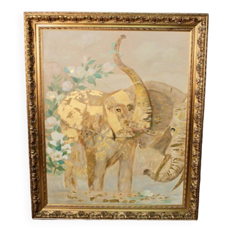 Painting Oil on canvas and gold leaf "Two elephants"