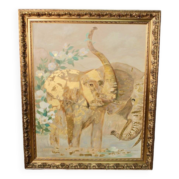 Painting Oil on canvas and gold leaf "Two elephants"