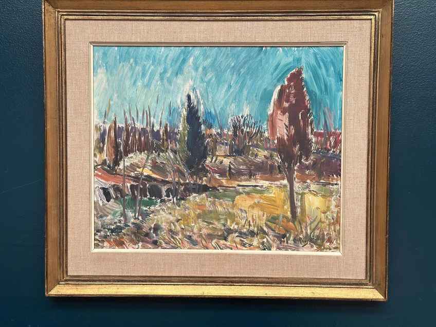 Huile su panneau suédoise – “Landskap” par A. Roos – Signée – Vintage