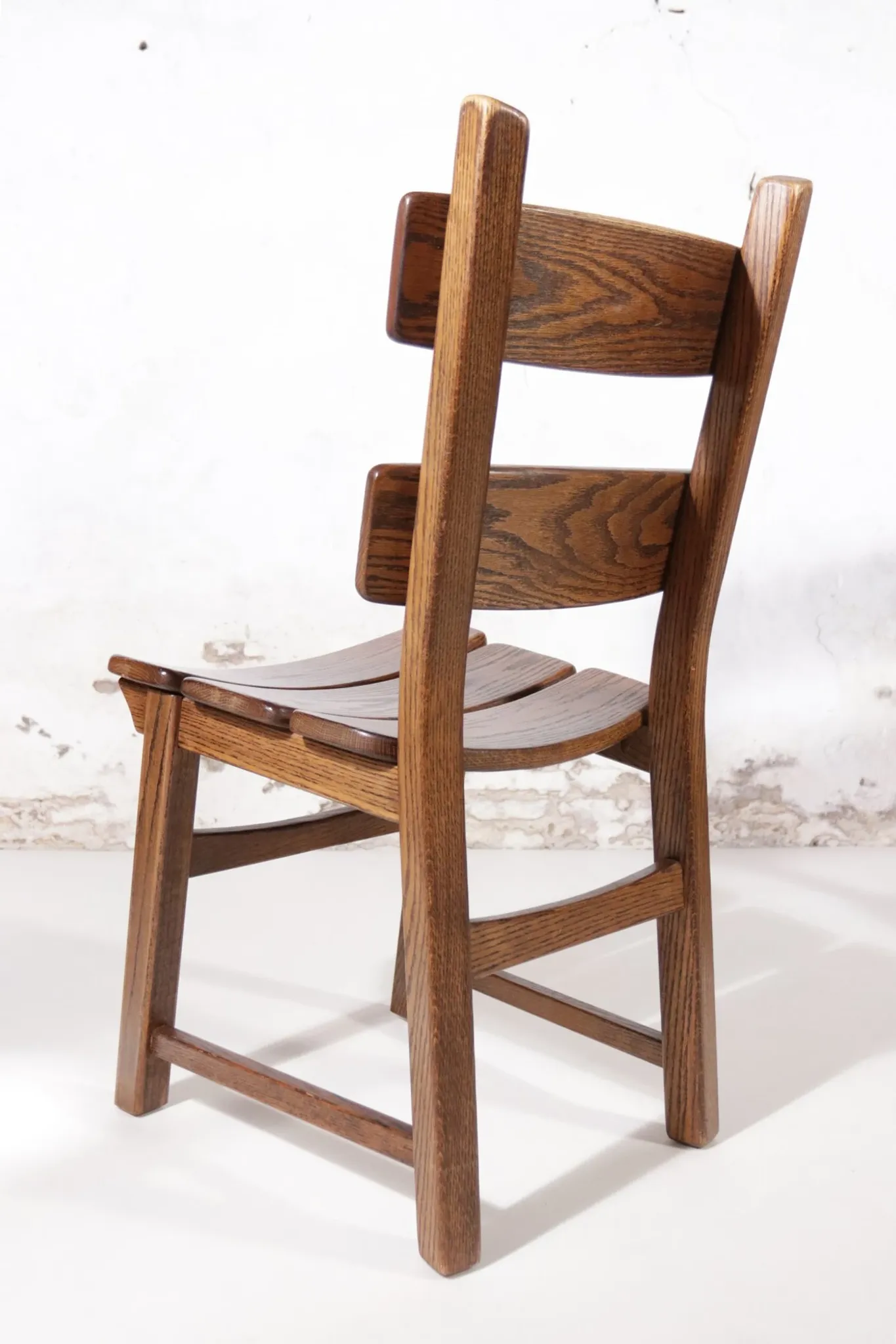 Set of 4 brutalist oak ladderback dining chairs – Netherlands, 1970s