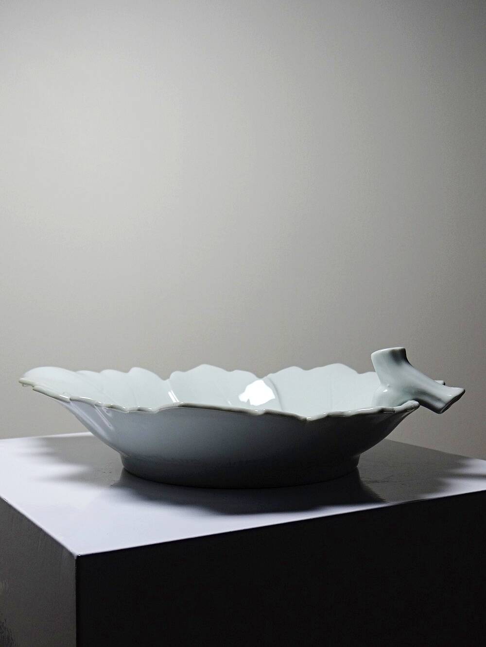 Celadon porcelain vine leaf dish by L. Michelaud, Limoges, 1930-50.