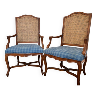 Two Regency-style caned armchairs with upholstered seats