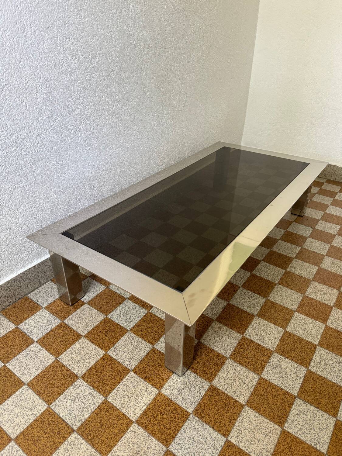 Rectangular coffee table in chrome steel and smoked glass from the 70s