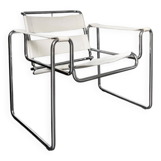 Vintage armchair Breuer style in white leather,
