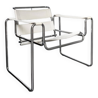 Fauteuil vintage style Breuer en cuir blanc