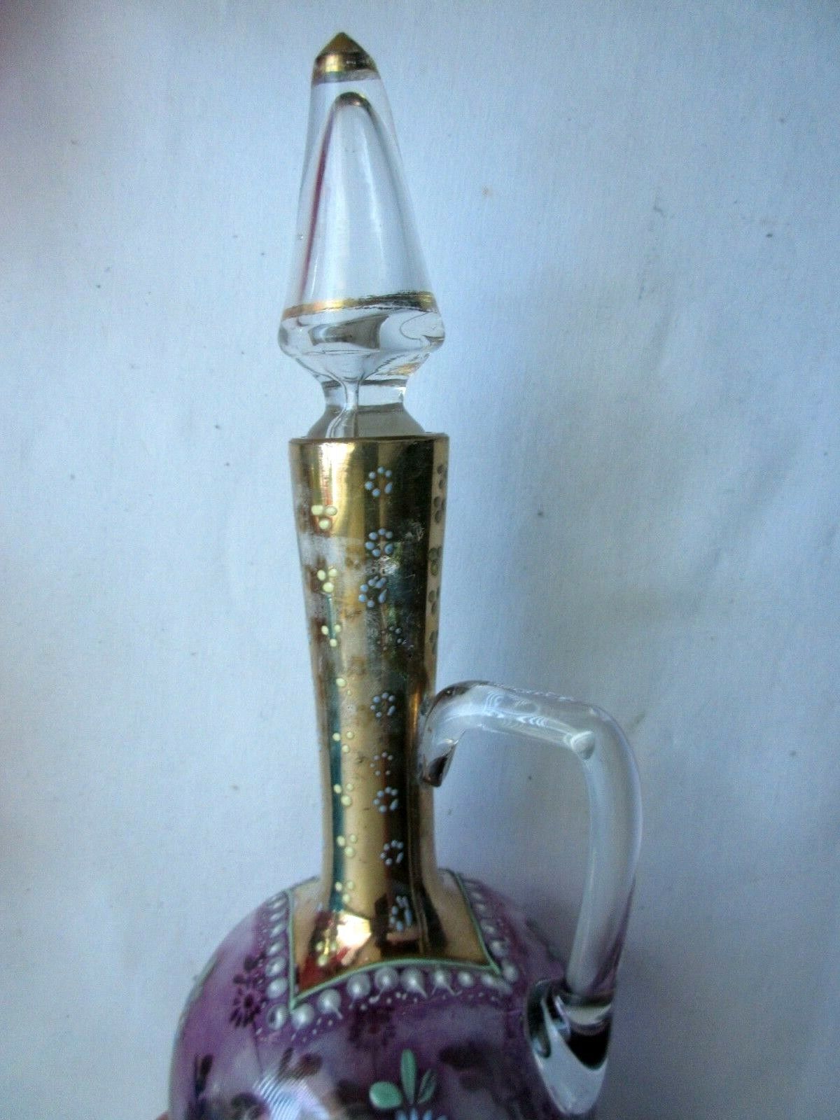 Art Nouveau ewer decanter, gilded glass and violin enamelled with daisies