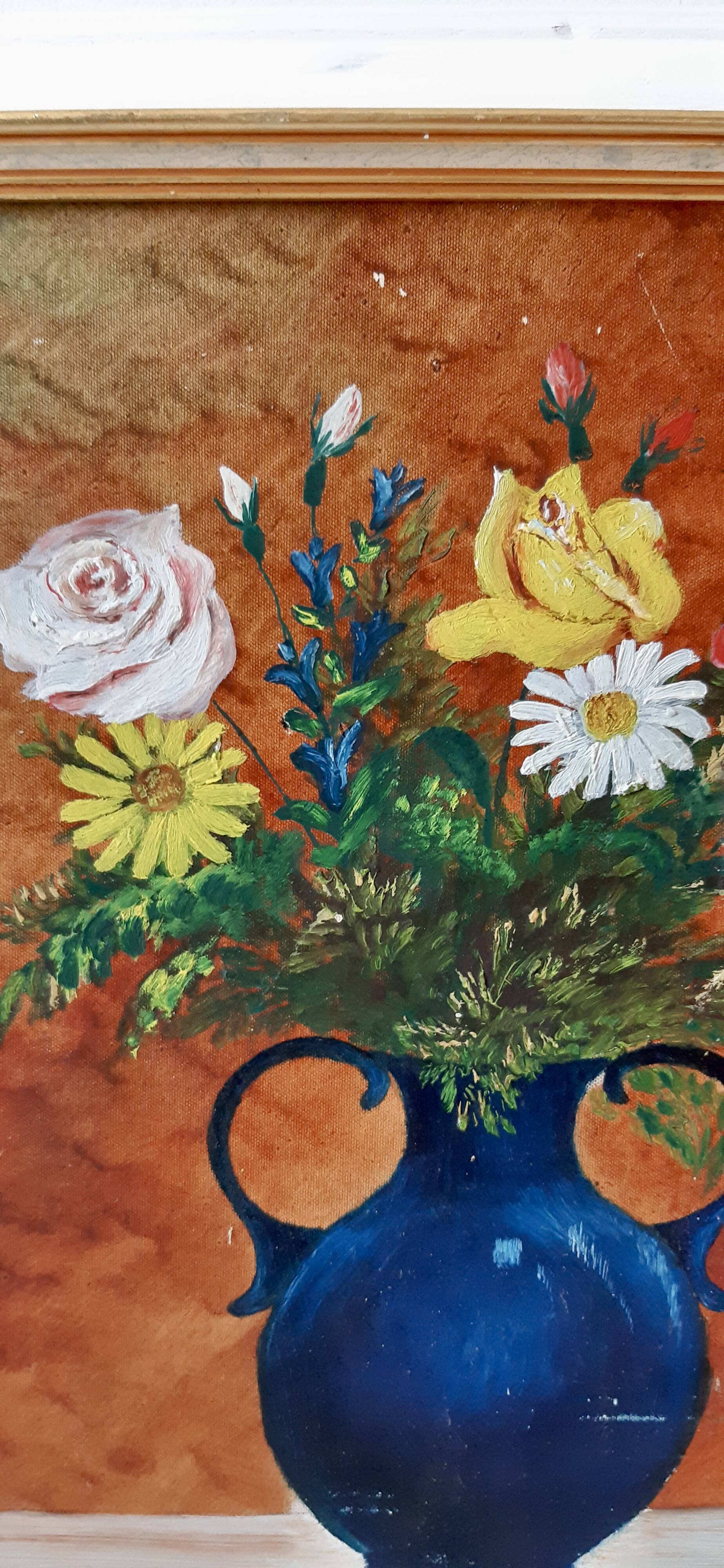 Painting / oil on cardboard framed vintage 50s