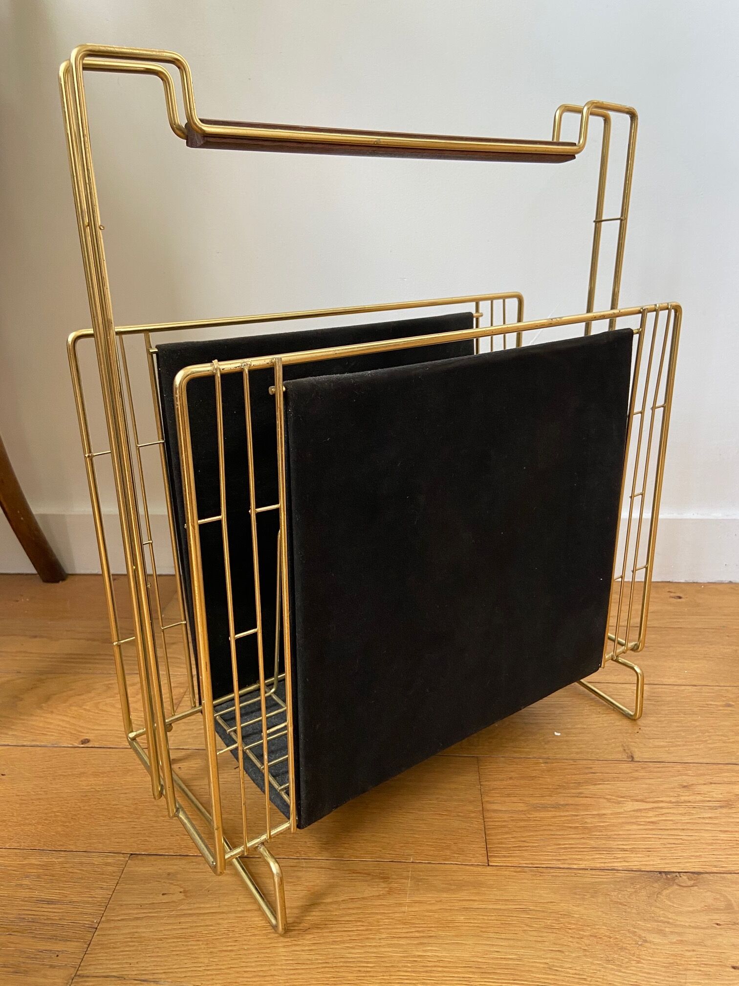 Gold metal, wood and black cotton magazine holder