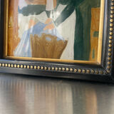 Peinture ancienne sur verre cadre en bois noir avec dorure 16,5 cm x 13,5 cm