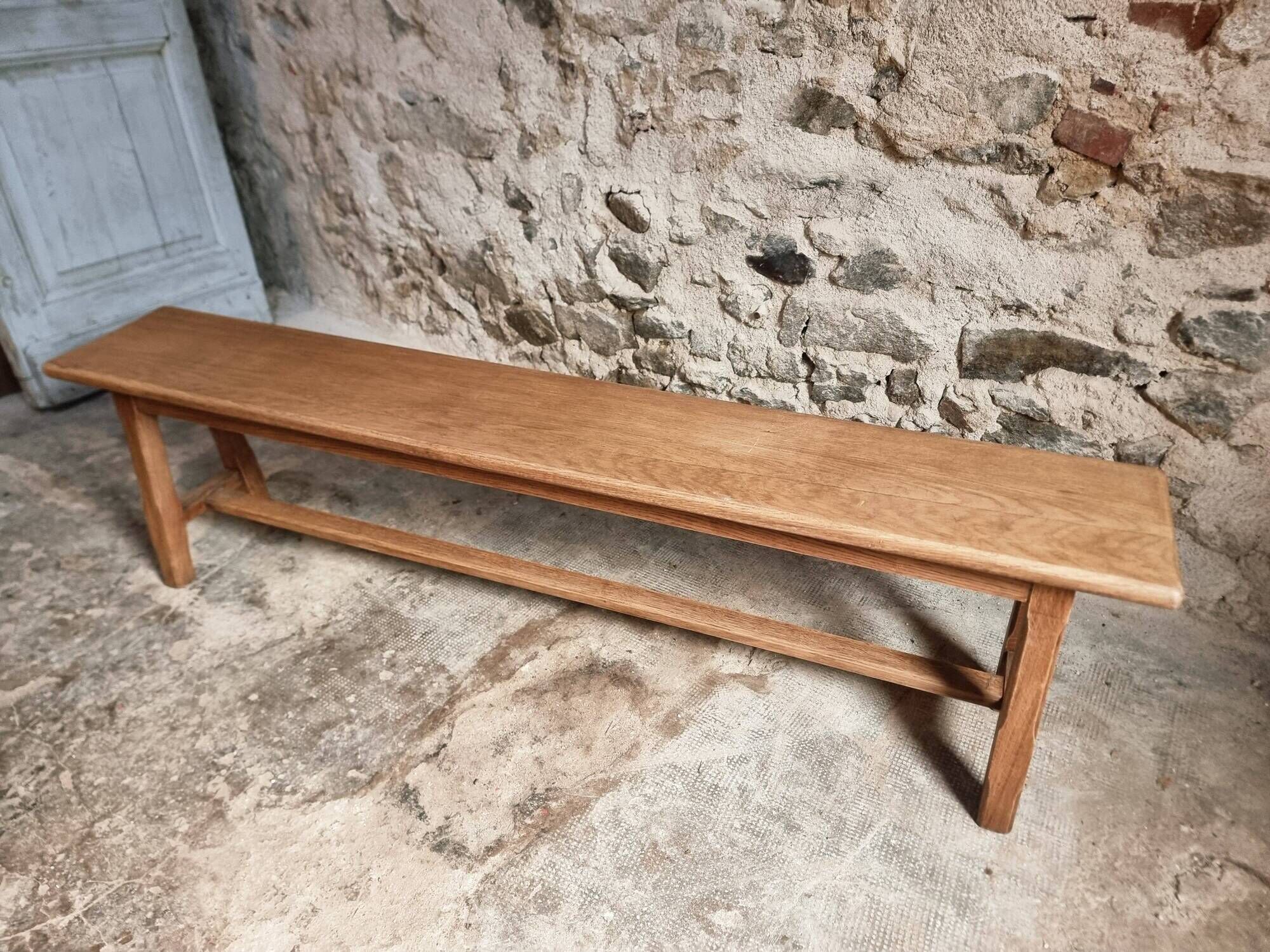 Vintage oak bench, solid wood dining bench, rustic farmhouse bench, French country style, circa 1950–1965.