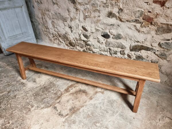 Banc vintage en chêne, banc de salle à manger en bois massif, banc rustique de ferme, style campagne française, vers 1950–1965