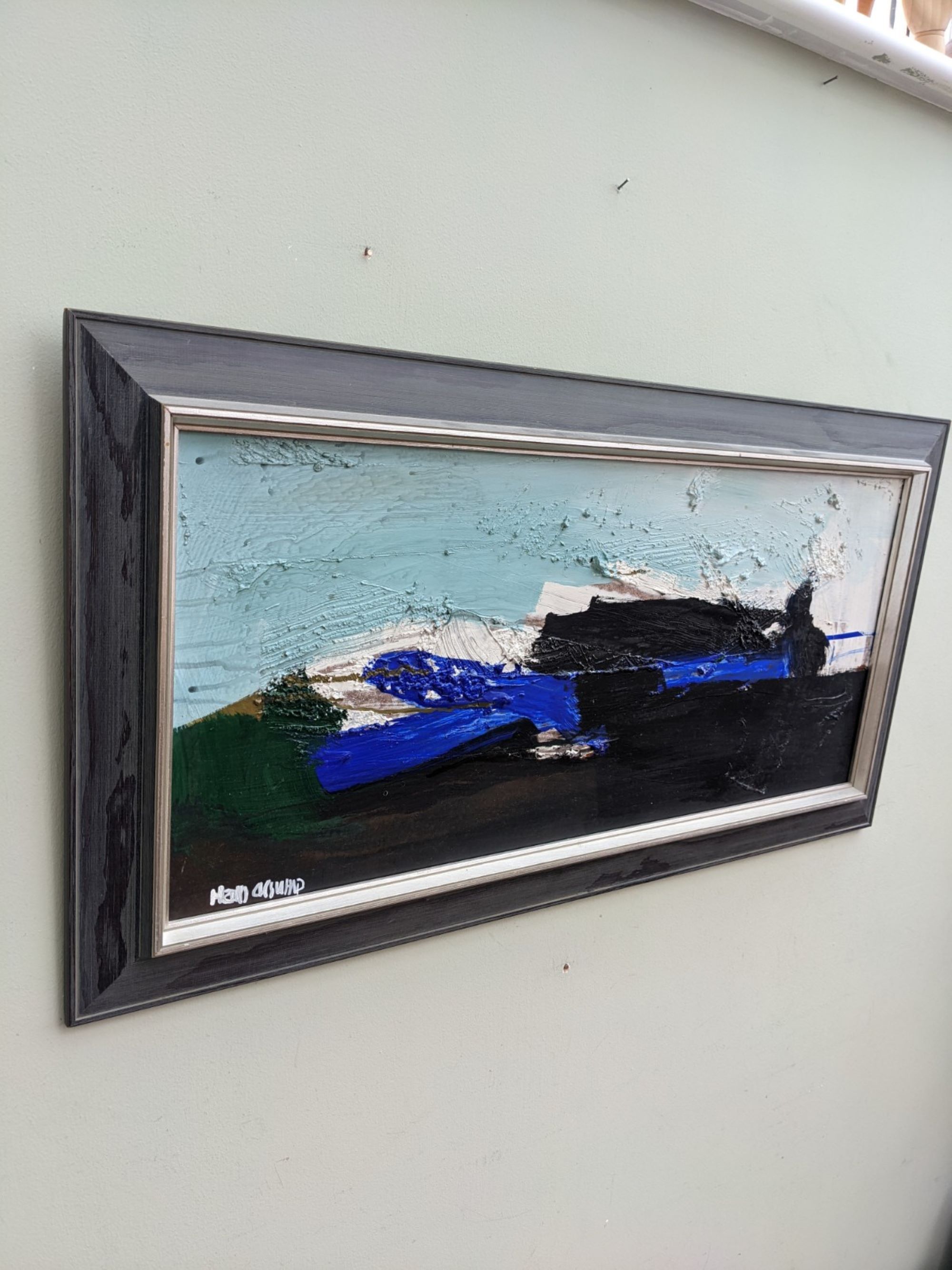 Mid-century modern "blue stream" vintage swedish abstract oil painting, framed, hans osswald