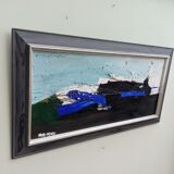 Mid-century modern "blue stream" vintage swedish abstract oil painting, framed, hans osswald