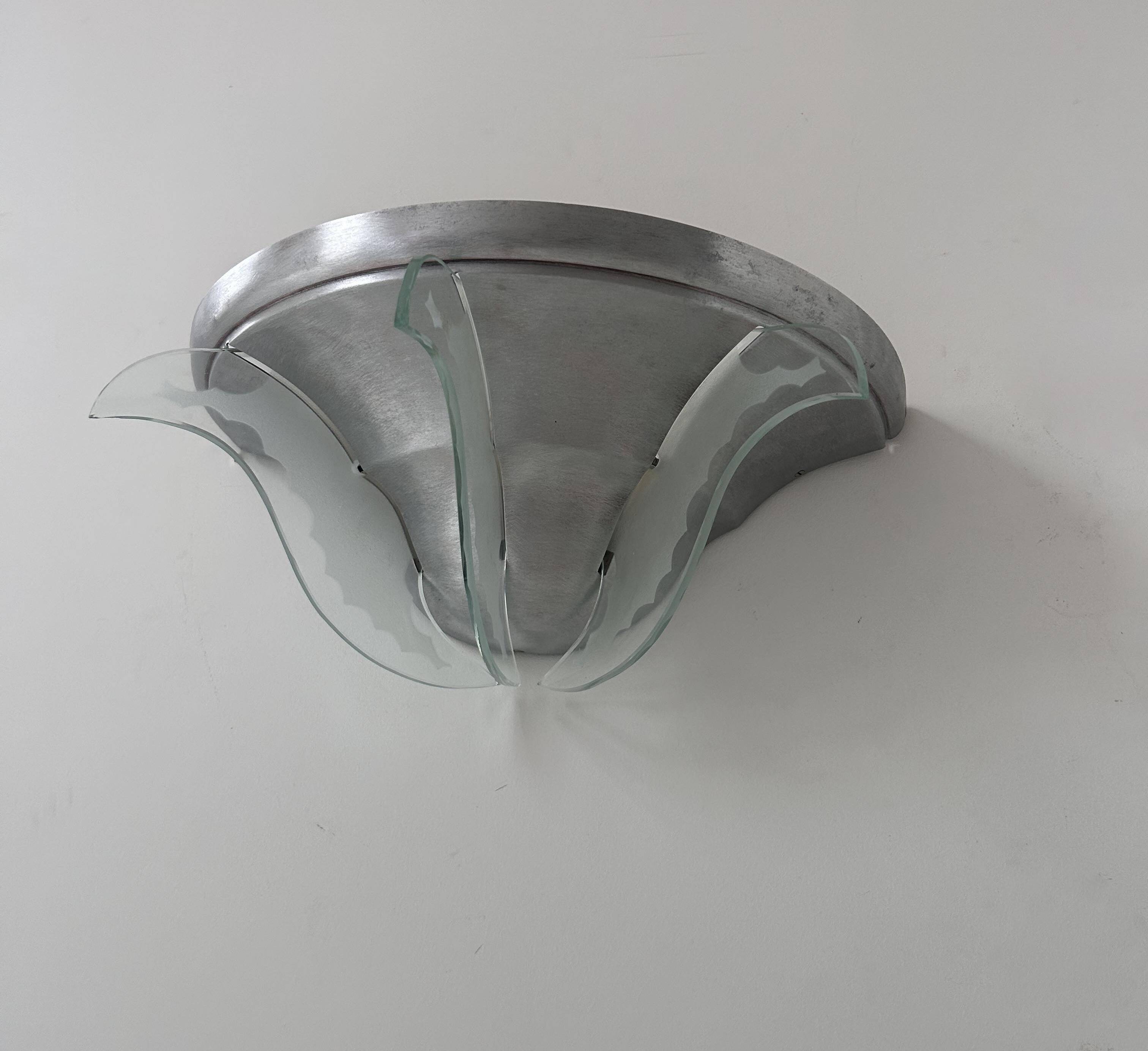 Vintage art deco wall light, brushed metal and glass, France 1930