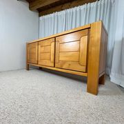 Large French sideboard in solid elm, 1970, attributed to Atelier Chauvin.