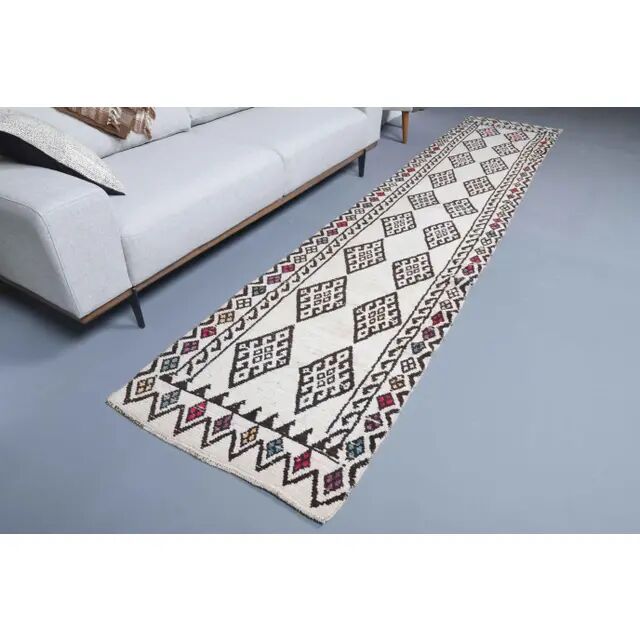 Vintage Turkish Hand-Knotted Wool Cotton White Runner 80x401