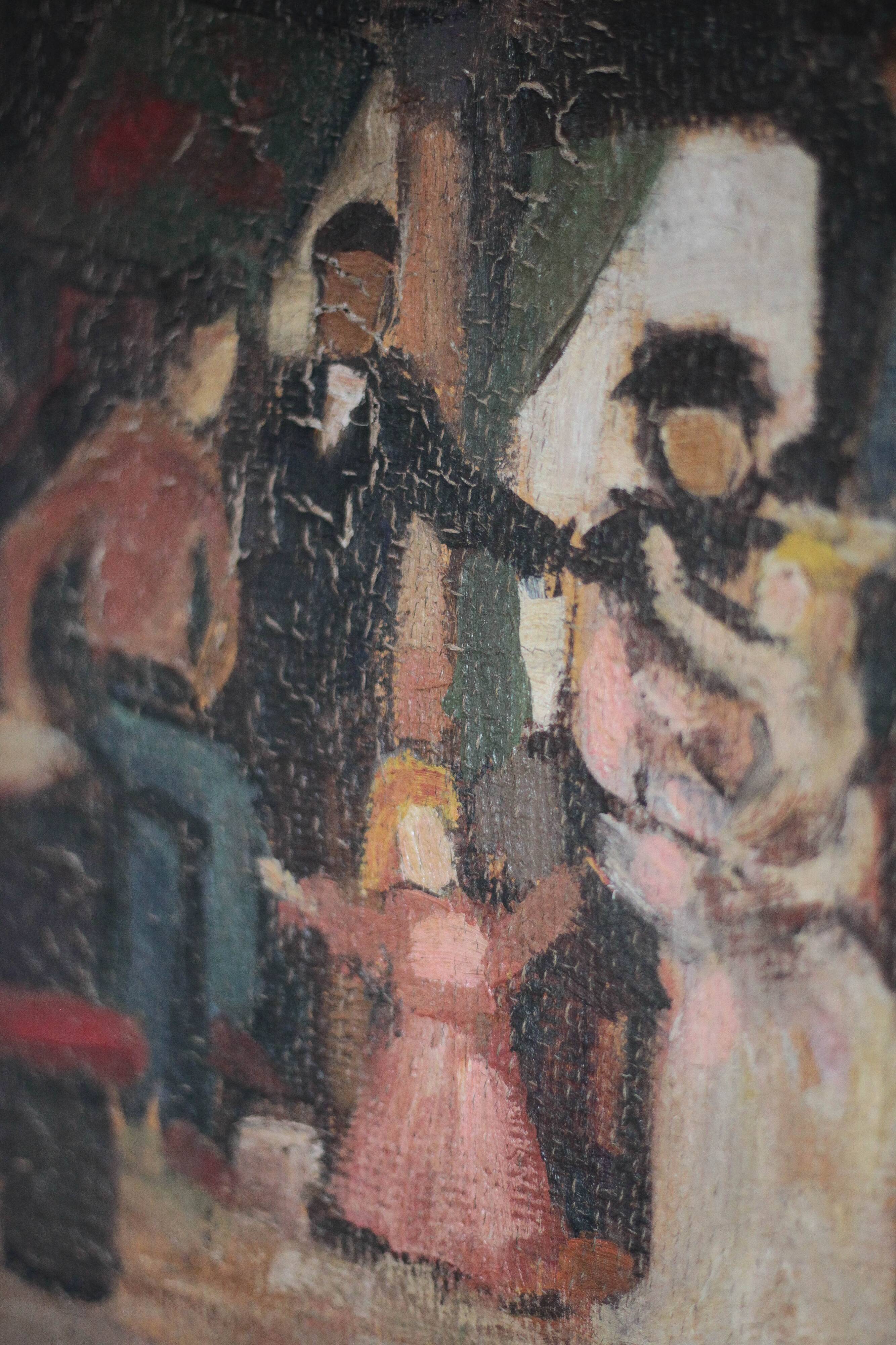 Painting signed Béchon-Sauzeau, oil on canvas, scene of characters.