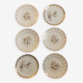 6 assiettes plates vintage dépareillées, décor oiseaux